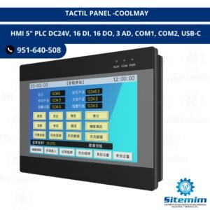 TACTIL PANEL COOLMAY HMI 5" PLC DC24V, 16 DI, 16 DO, 3 AD, COM1, COM2, USB-C
